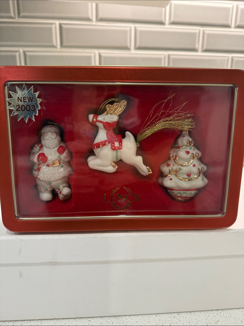 Lenox White, Red and Gold Porcelain Holiday Ornament Trio
